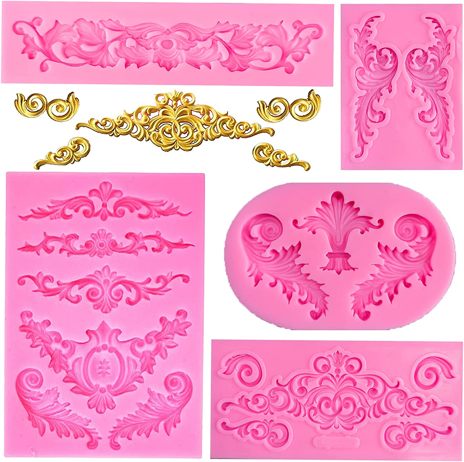 Rainmae 5 Pcs Baroque Style Curlicues Scroll Lace Fondant Silicone Mold -  - Cupcake Topper