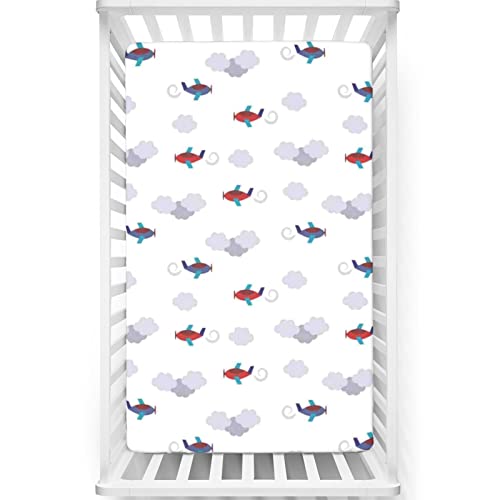 Nursery Airplane Themed Fitted Mini Crib Sheets,Portable Mini Crib Sheets Toddler Bed Mattress Sheets 