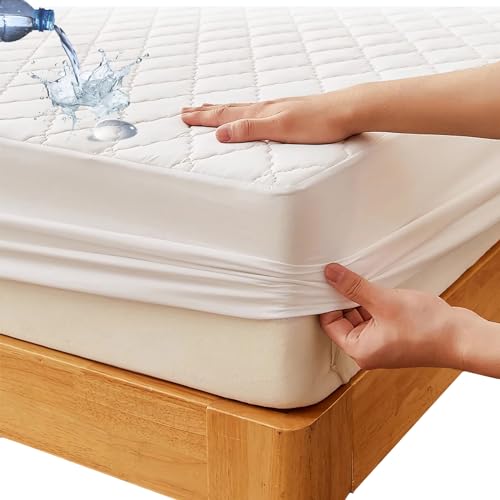 Waterproof King Fitted Sheet Polyester Cotton Breathable Soft Mattress Protector Embossed White Queen Sheet Machine Washable 60 x 80 inches