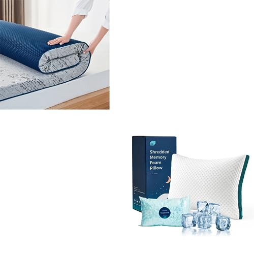 LINSY LIVING 3 inch Bamboo Charcoal Mattress Topper + Cooling Shredded Memory Foam Pillow