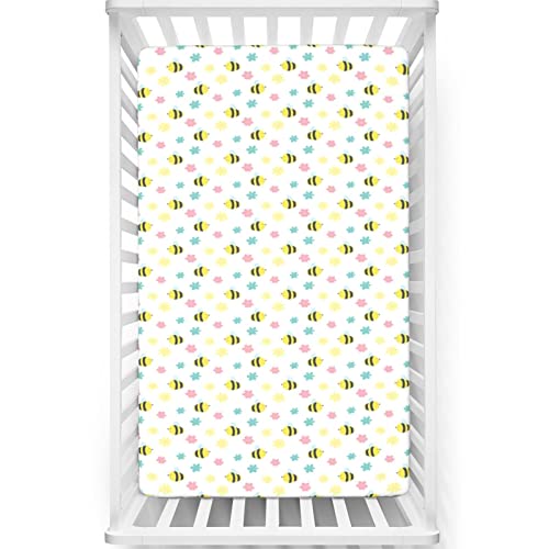 Honey Bee Themed Fitted Mini Crib Sheets,Portable Mini Crib Sheets Toddler Bed Mattress Sheets-Baby Crib Sheets