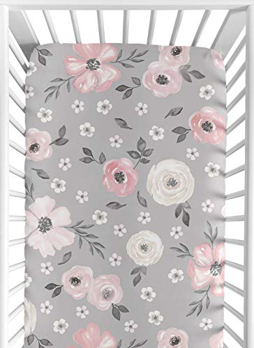 Sweet Jojo Designs Grey Watercolor Floral Girl Fitted Crib Sheet Baby or Toddler Bed Nursery 