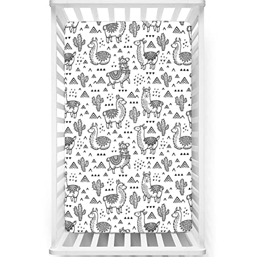 Llama Themed Fitted Mini Crib Sheets,Portable Mini Crib Sheets Soft Toddler Mattress Sheet Fitted-Crib Mattress Sheet or Toddler Bed Sheet,24“ x38“,White Charcoal Grey