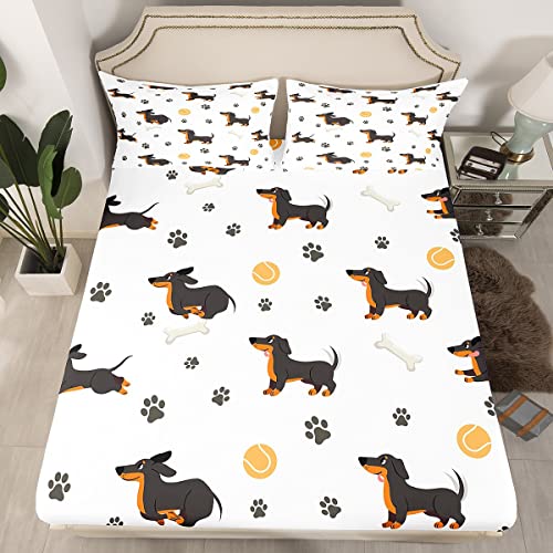 Cute Dachshund Dog Full Fitted Sheet,Ball Bones Paw Print,Soft Decorative Fabric Bedding Deep PocketHouse Pet Animal Themed Bed Mattress Cover
