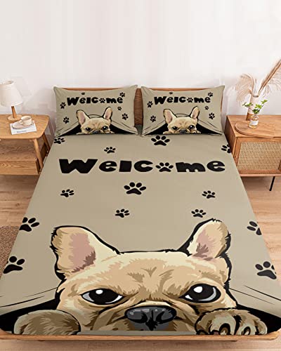 Fitted Sheets Elastic Deep Pocket Bed Sheet Queen French Bulldog Cute Dog Paw Print Seamless Soft Brushed Microfiber Bed Sheets Set,Welcome Letters Mattress Cover Up Hotel Fitted Sheet Pillowcase