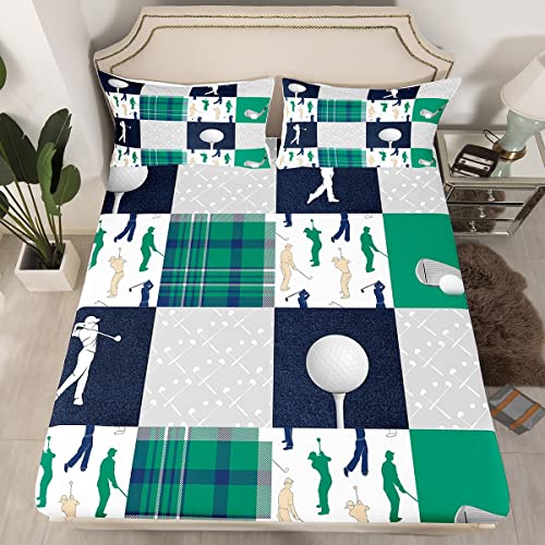 Castle Fairy Ball Sports Full Size Fitted Sheet,Golf Themed Lover Style,Soft Fabric Bedding Deep Pocket,Green Navy Buffalo Grid Geometric Bed Mattress Cover Decor