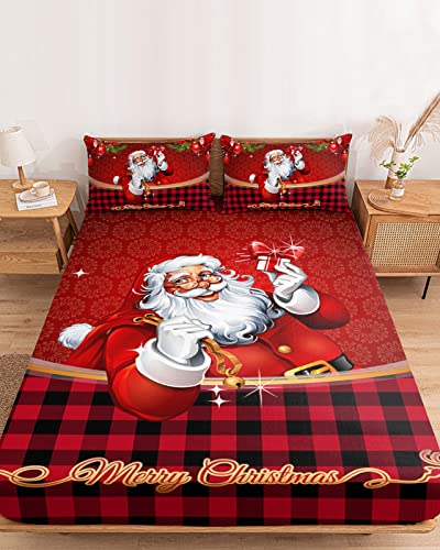 Queen Size Fitted Sheet Bed Set Christmas Santa Claus Baubles Deep Pocket Soft Bottom Sheets&Pillowcases