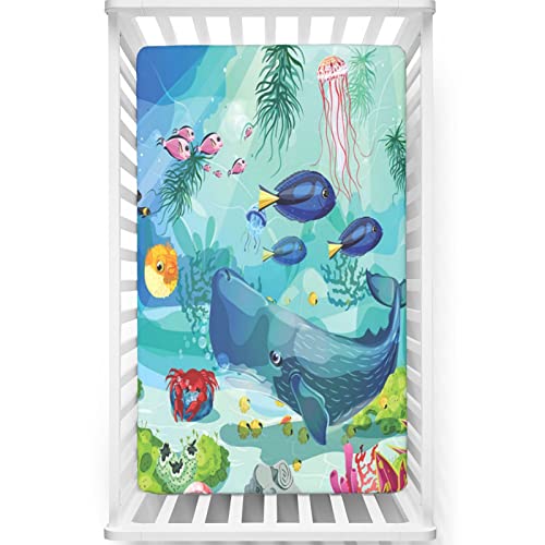 Colorful Ocean Themed Fitted Mini Crib Sheets,Portable Mini Crib Sheets Soft Toddler Mattress Sheet Fitted-Great