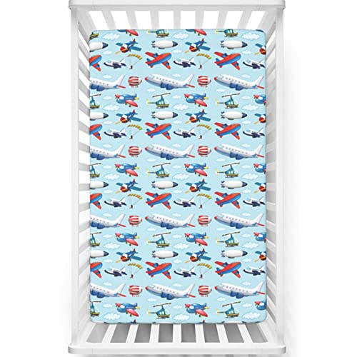 Airplane Themed Fitted Mini Crib Sheets,Portable Mini Crib Sheets Ultra Soft Material-Crib Mattress Sheet or Toddler Bed Sheet