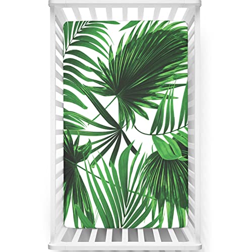 Palm Leaf Themed Fitted Mini Crib Sheets,Portable Mini Crib Sheets Ultra Soft Material-Crib Mattress Sheet or Toddler Bed Sheet,24“ x38“,Fern Green White