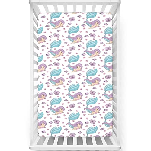 Mermaid Themed Fitted Mini Crib Sheets,Portable Mini Crib Sheets Toddler Bed Mattress Sheets-Crib Mattress Sheet or Toddler Bed Sheet,24“ x38“,Lilac Pale Sky Blue Tan