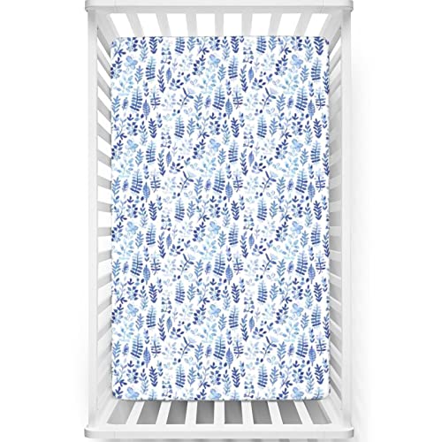 Blue and White Themed Fitted Mini Crib Sheets,Portable Mini Crib Sheets Toddler Bed Mattress Sheets 