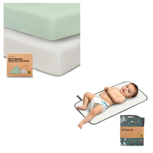 KeaBabies 2-Pack Mini Crib Sheets and Portable Diaper Changing Pad 