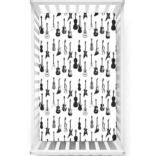 Music Themed Fitted Mini Crib Sheets,Portable Mini Crib Sheets Soft Toddler Mattress Sheet Fitted-Crib Mattress Sheet or Toddler Bed Sheet,24“ x38“,White Black Grey