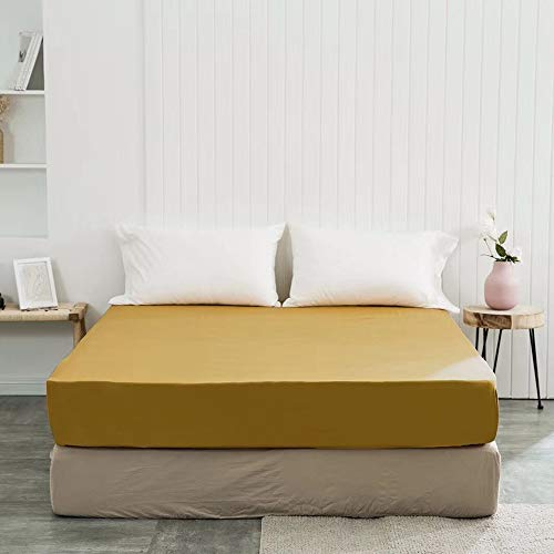 King Fitted Sheet Yellow Gold Color,100% Washed Cotton Single Bottom Bedding Fitted Sheet