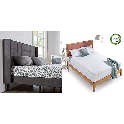 Zinus Dori Upholstered Square Stitched Wingback Platform Bed/Mattress Foundation/Easy Assembly/Strong Wood Slat Support