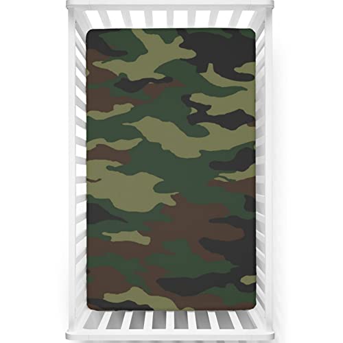 Camo Themed Fitted Mini Crib Sheets,Portable Mini Crib Sheets Soft & Stretchy Fitted Crib Sheet -Crib Mattress Sheet or Toddler Bed Sheet,24“ x38“,Pale Green Brown Forest Green