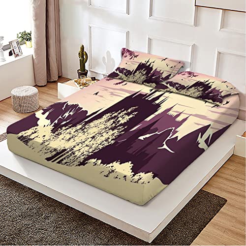 Fairy Tale Theme Twin/Twin XL Fitted Sheet Set,Castle in Mountains Pattern,Decorative Printed 2 Piece Bedding Decor Set,Ultra Soft& Breathable Fits Mattress Perfectly