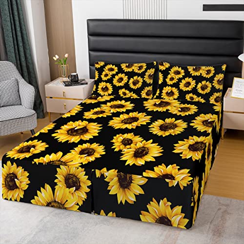 Sunflower Bed Skirt Queen Size,Sunny Flowers Split Corners Yellow Floral Boho Bed Skirts Garden Plant Bedskirt Bohemian Mattress Pad Bed Runner Valance Botanical Bedding Decor Black