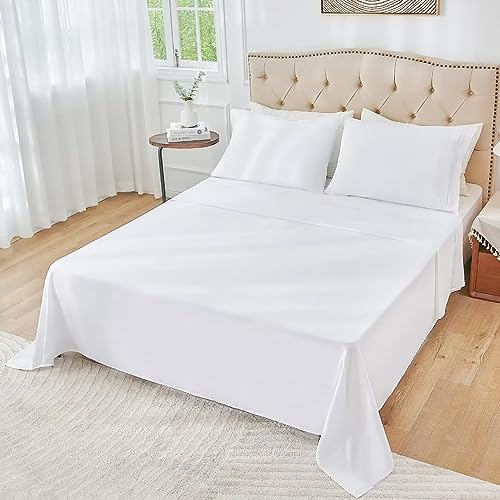 Yibeizi White Queen Sheet Sets-Luxury Hotel Style-Extra Deep Pocket Fitted Bed Sheet Set-Microfiber Bedding Sheets & Pillowcases-Soft Cooling Bedsheet 4 Piece