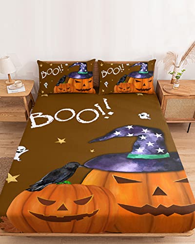 Halloween Pumpkin Purple Hat Spooky Ghost Fitted Bed Sheets Queen Size Fit 5-16inch Deep Pockets,Luxury Bottom Sheet Bedding Set