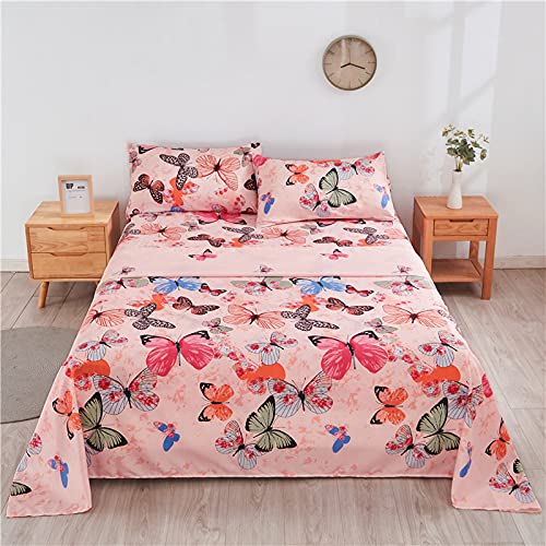 BLUENIGHT Pink Butterfly Queen Bed Sheet Set 