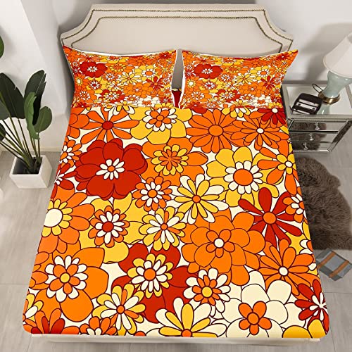 Kids Bohemian Flowers Bedding Set Queen,70s Vintage Floral Polyester Fitted Sheet Decor,Hippie Retro Groovy Botanical Mattress Protector