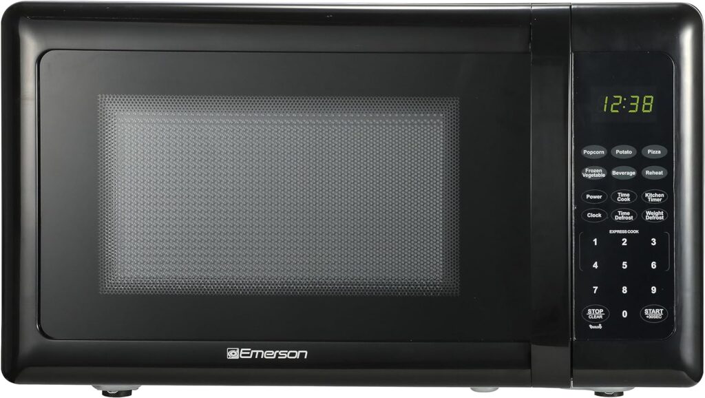 Emerson MW7302B Compact Countertop Microwave Oven with Touch Control, LED Display, 700W, 10 Power Levels, 6 Auto Menus, Glass Turntable and Child Safe Lock